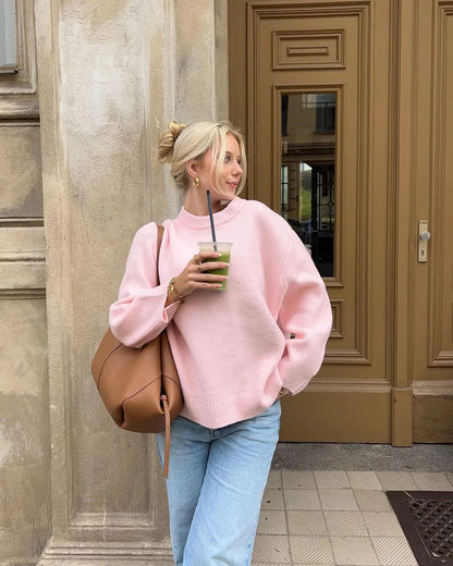 Women's Pink Oversized Crewneck Pullover Sweater