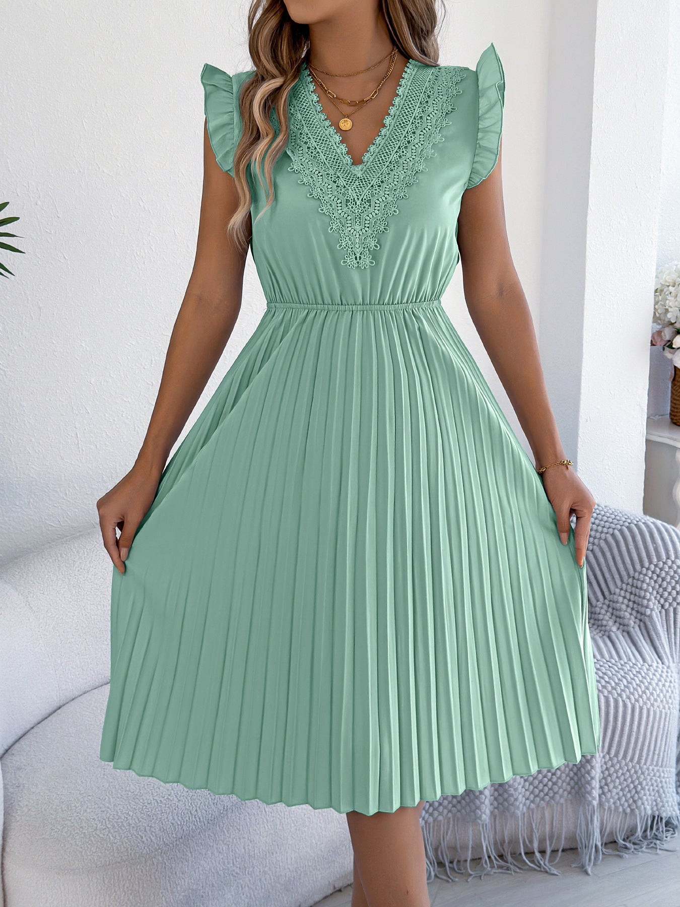 Lace V Neck Pleated Midi Dress with Ruffle Sleeves
