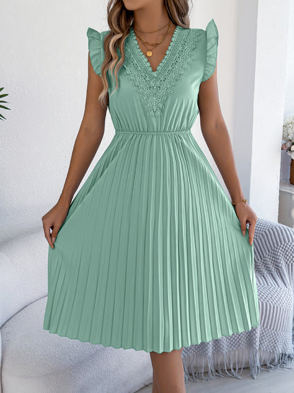 Lace V Neck Pleated Midi Dress with Ruffle Sleeves