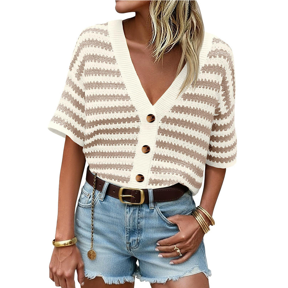 Striped Crochet Cardigan V Neck Button Knit Top