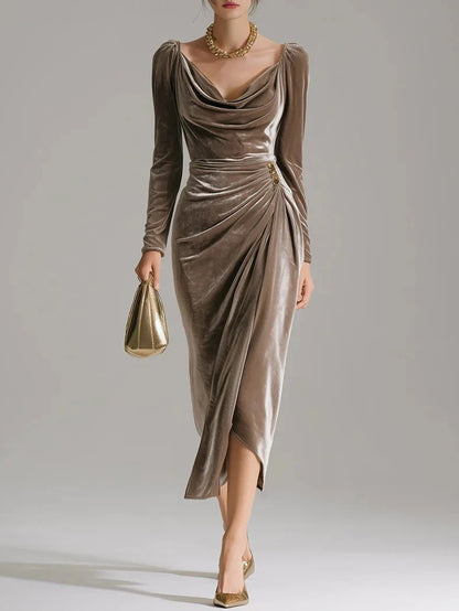 Sexy Velvet Ruched Long Sleeve Bodycon Midi Slit Dress