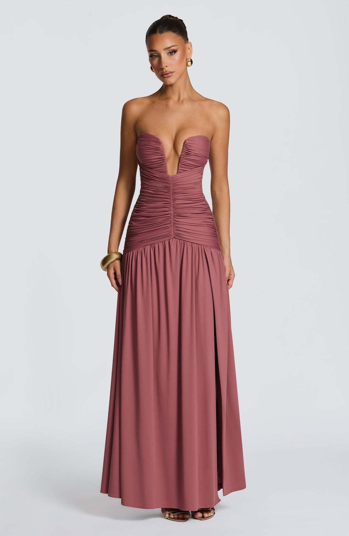 Strapless V-Neck Ruched High Slit Formal Maxi Dress