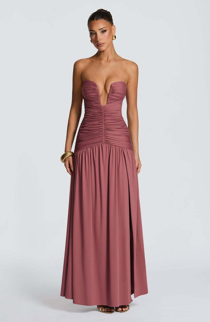 Strapless V-Neck Ruched High Slit Formal Maxi Dress