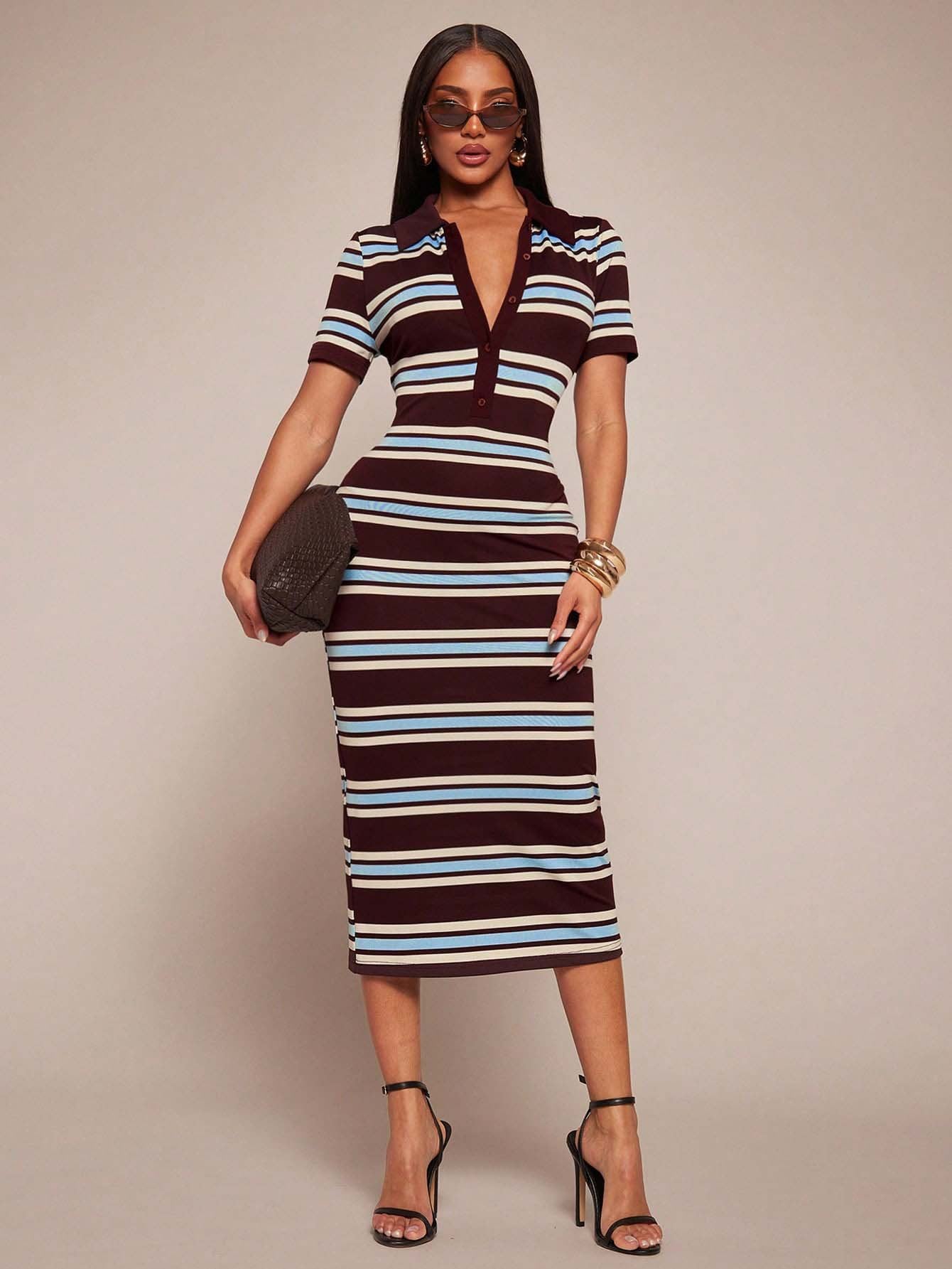 Polo Collar Stripe Bodycon Midi Dress Short Sleeve Casual