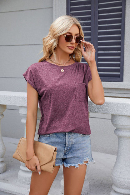 Casual Loose Fit Short Sleeve Tee with Front Pocket