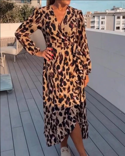 Women's Leopard Print Wrap Maxi Dress Long Sleeve V-Neck