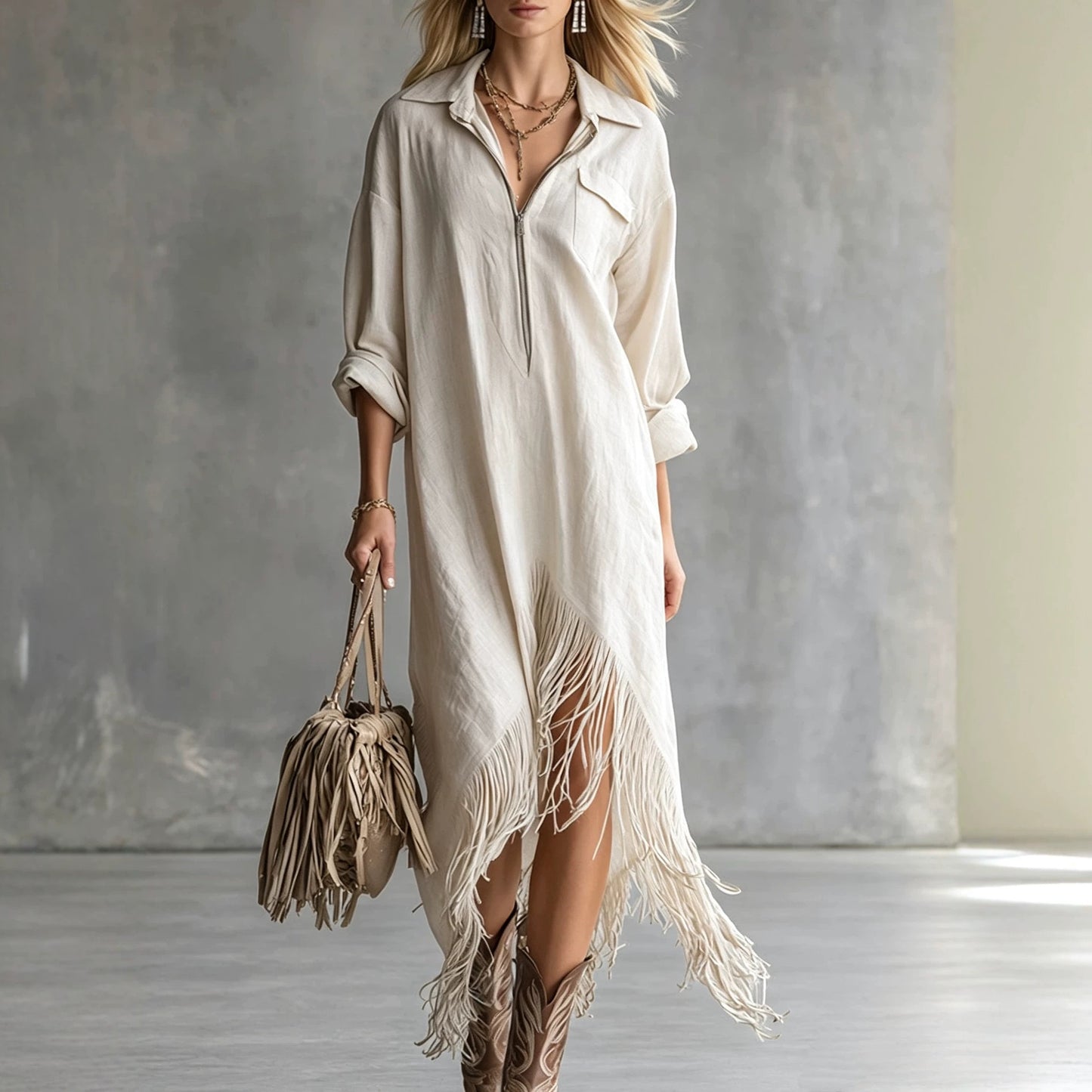 Women's Western Fringe Shirt Dress Asymmetrical Midi Boho