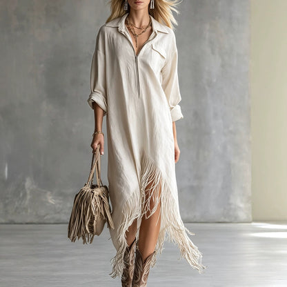 Women's Western Fringe Shirt Dress Asymmetrical Midi Boho