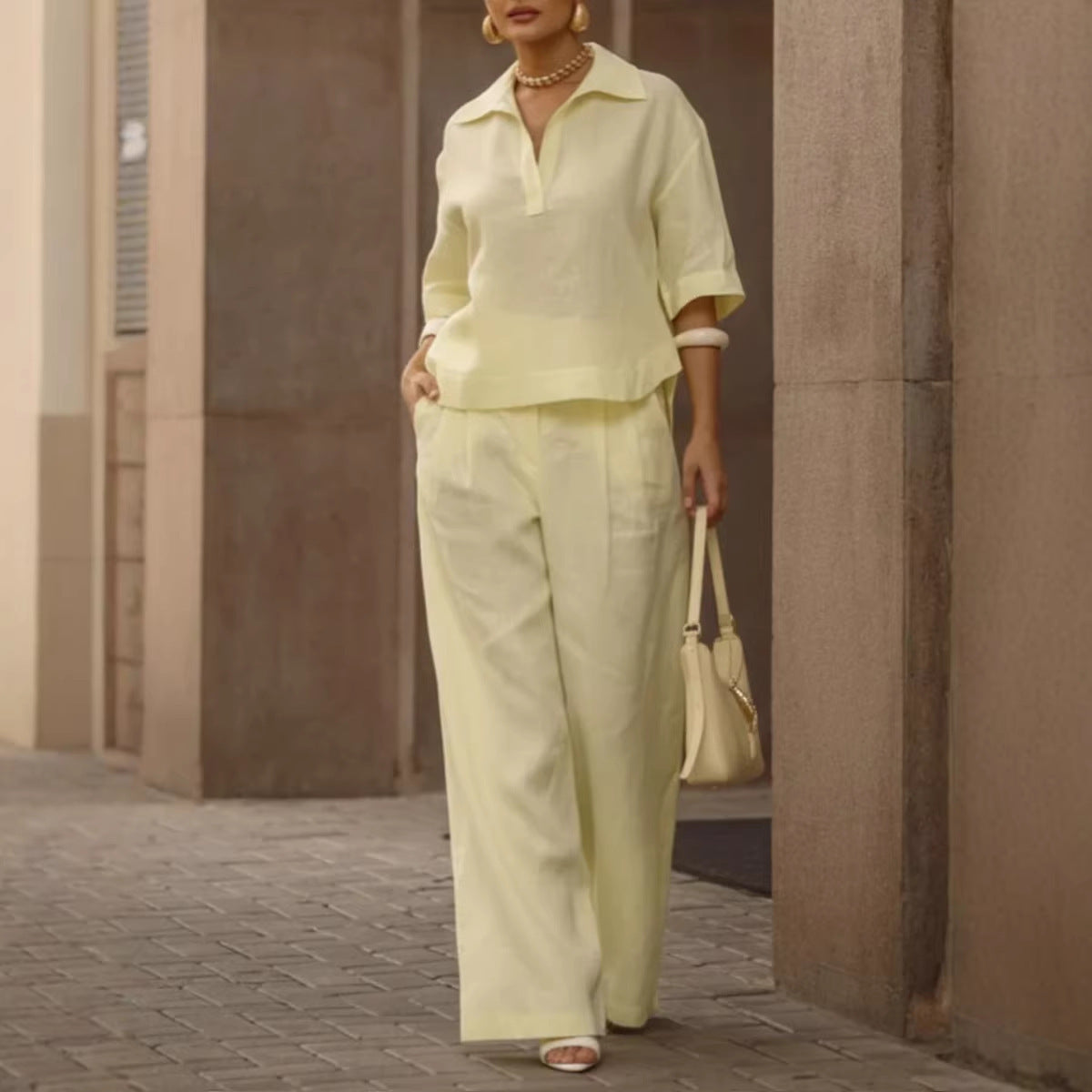 Women's Solid Matching Set Wide Leg Pants Collared Top