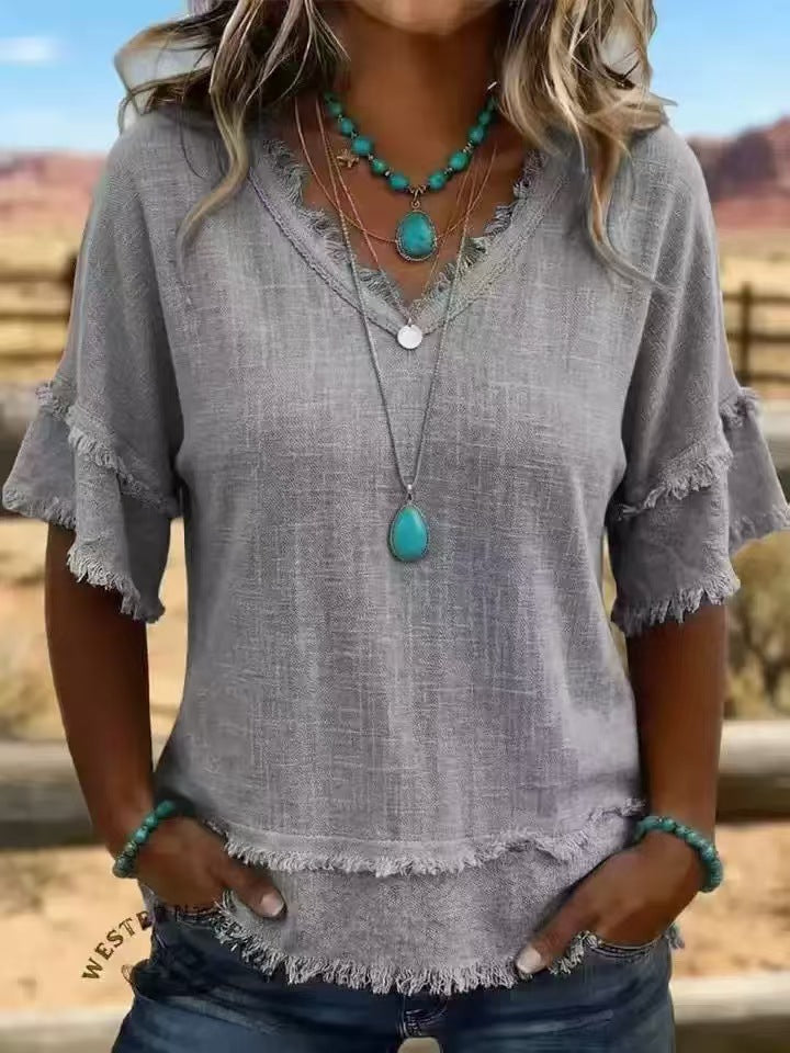 Women's Boho Fringe V-Neck Short Sleeve Linen Blend Top