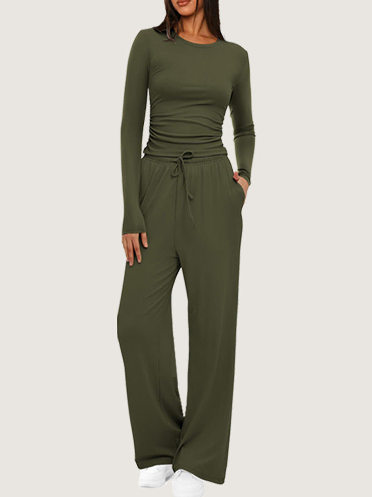 Women's Ruched Long Sleeve Top Wide Leg Pants Lounge Set