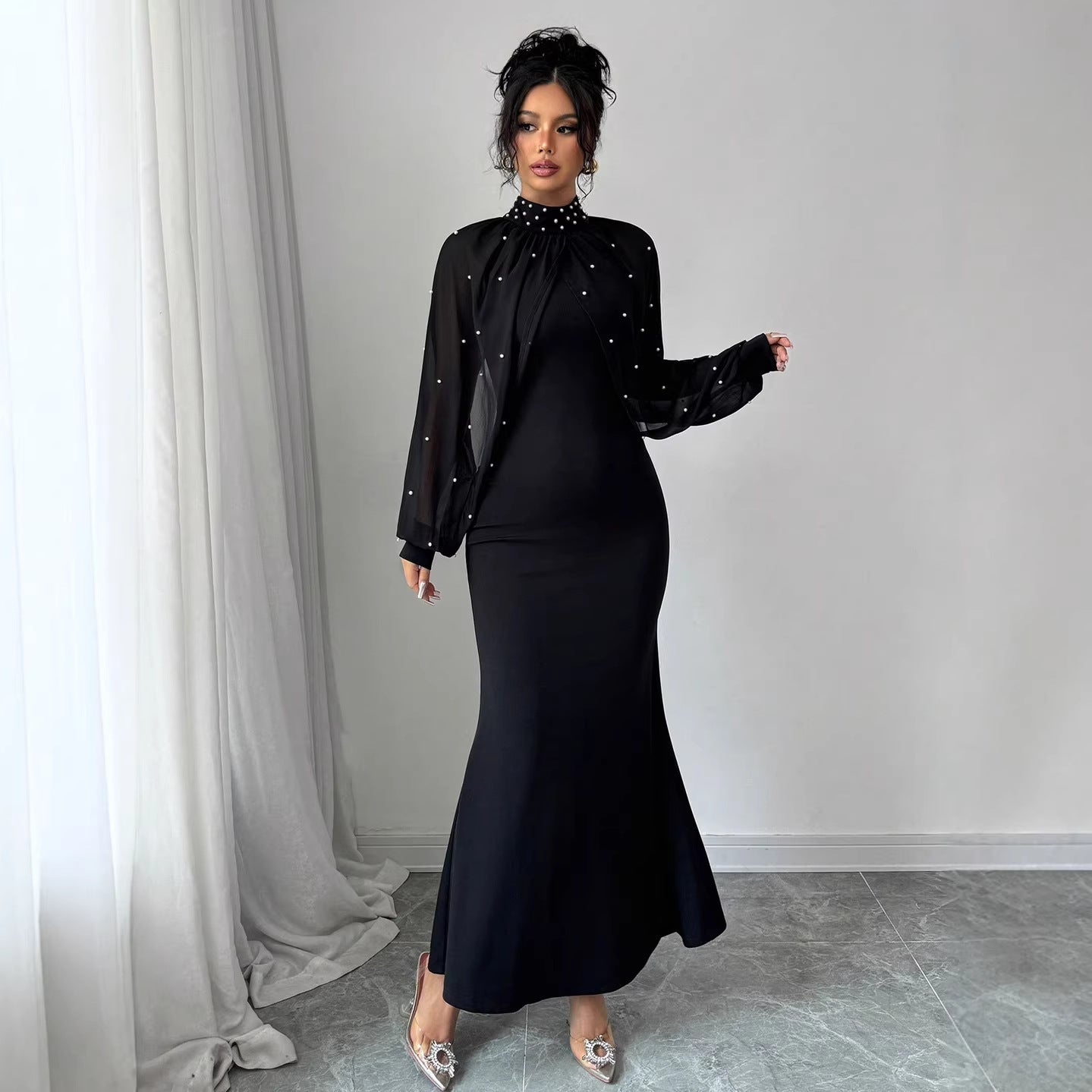 High Neck Rhinestone Mesh Sleeve Mermaid Maxi Dress