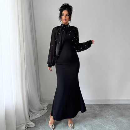 High Neck Rhinestone Mesh Sleeve Mermaid Maxi Dress