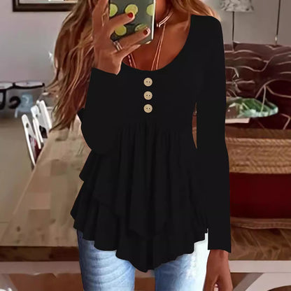 Women's Long Sleeve U-Neck Button Tiered Tunic Top