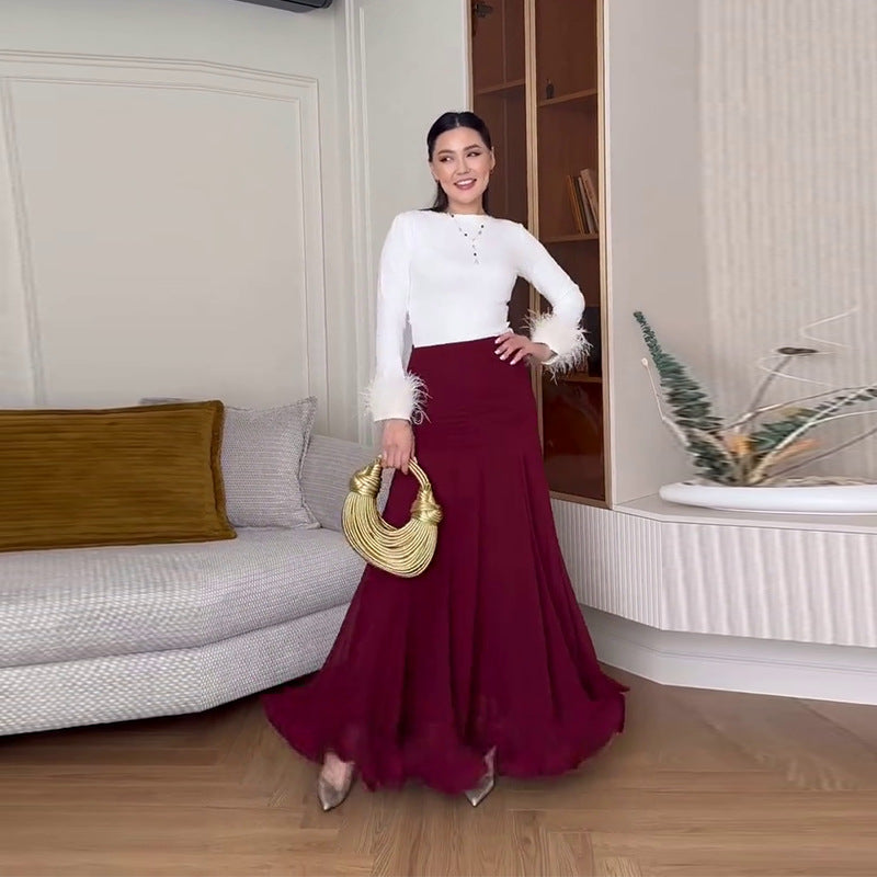 Women's Ruched High Waist Tulle Maxi Skirt Flowy Long