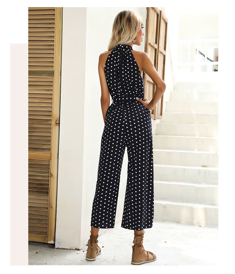 Polka Dot Halter Wide Leg Jumpsuit Vintage Resort Wear