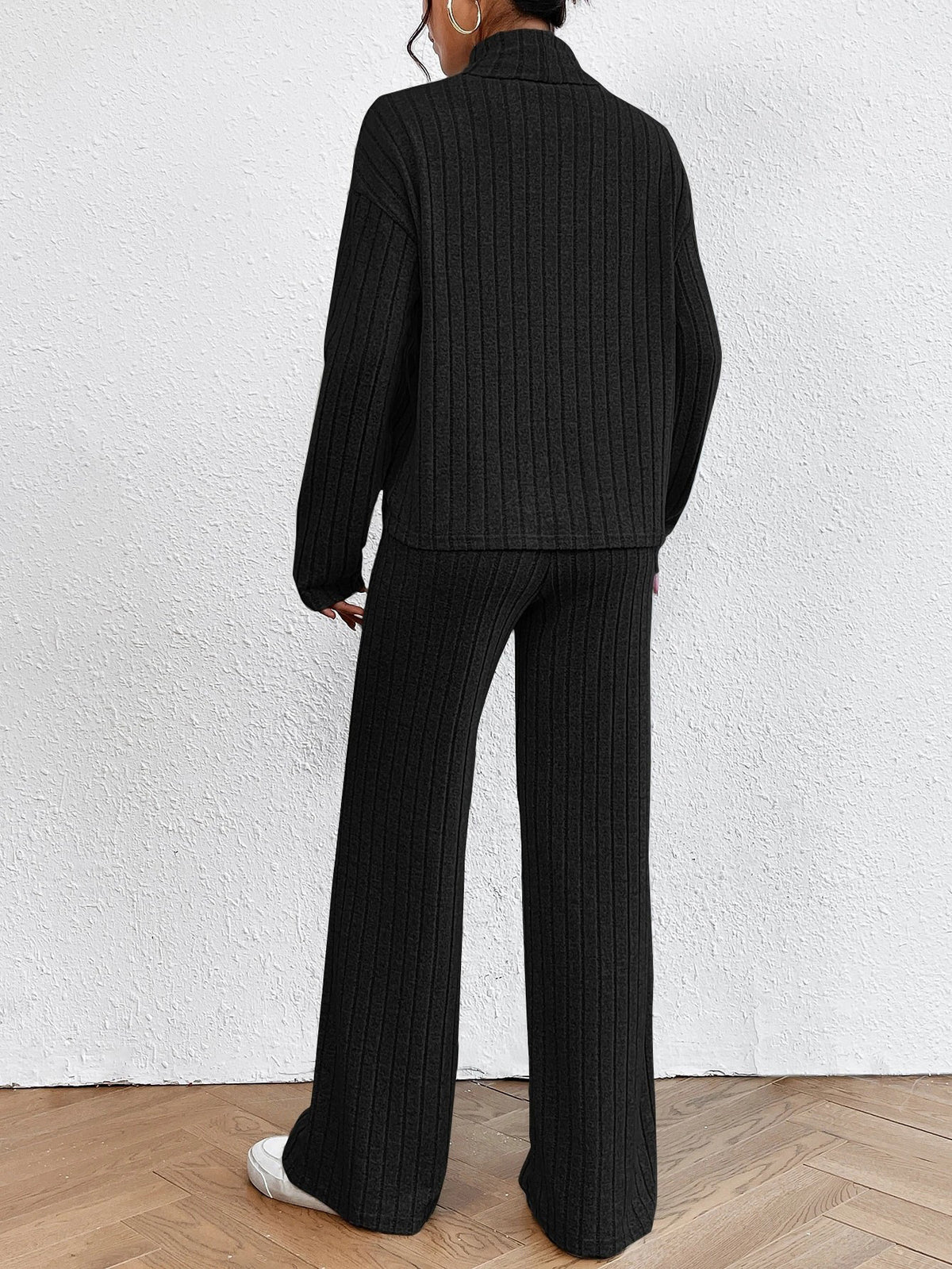 Women's Ribbed Turtleneck Sweater Wide Leg Pants Set