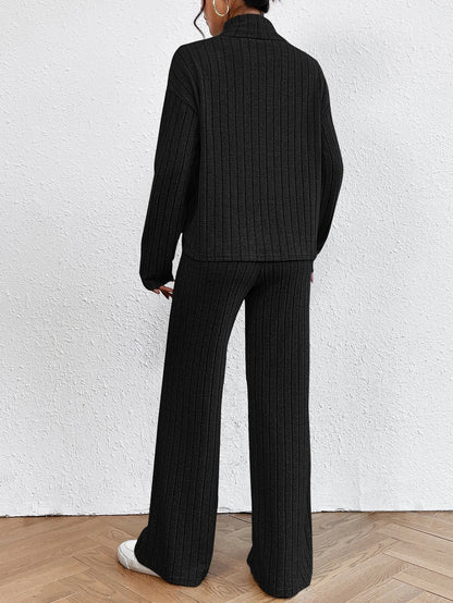 Women's Ribbed Turtleneck Sweater Wide Leg Pants Set