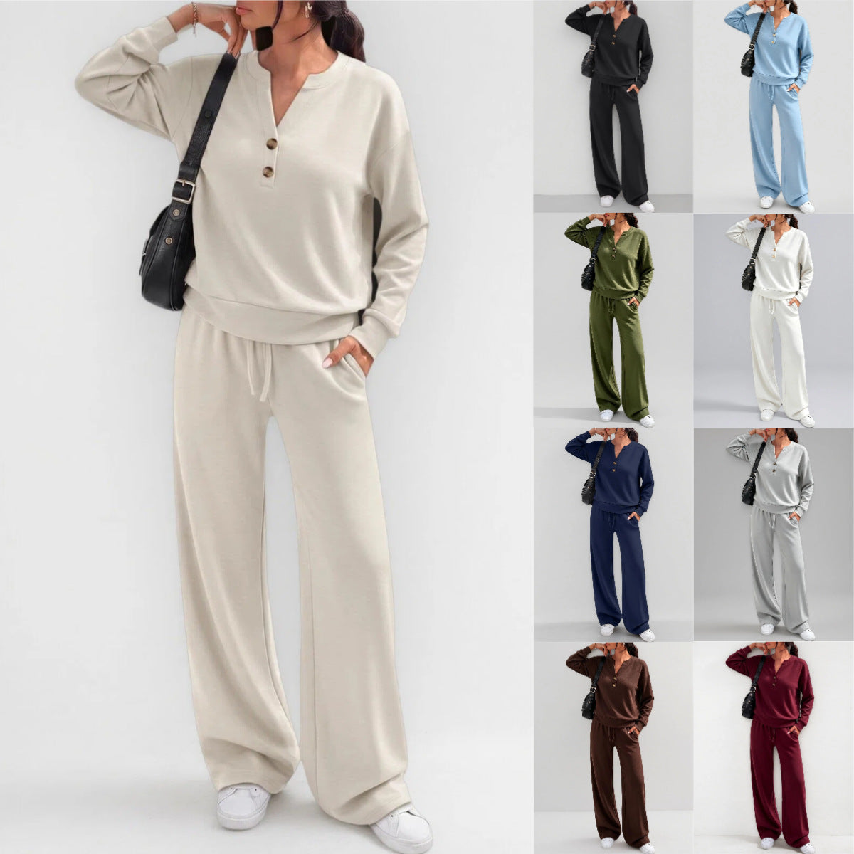 Women's 2 Piece Lounge Set Henley Wide Leg Pants