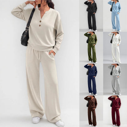 Women's 2 Piece Lounge Set Henley Wide Leg Pants