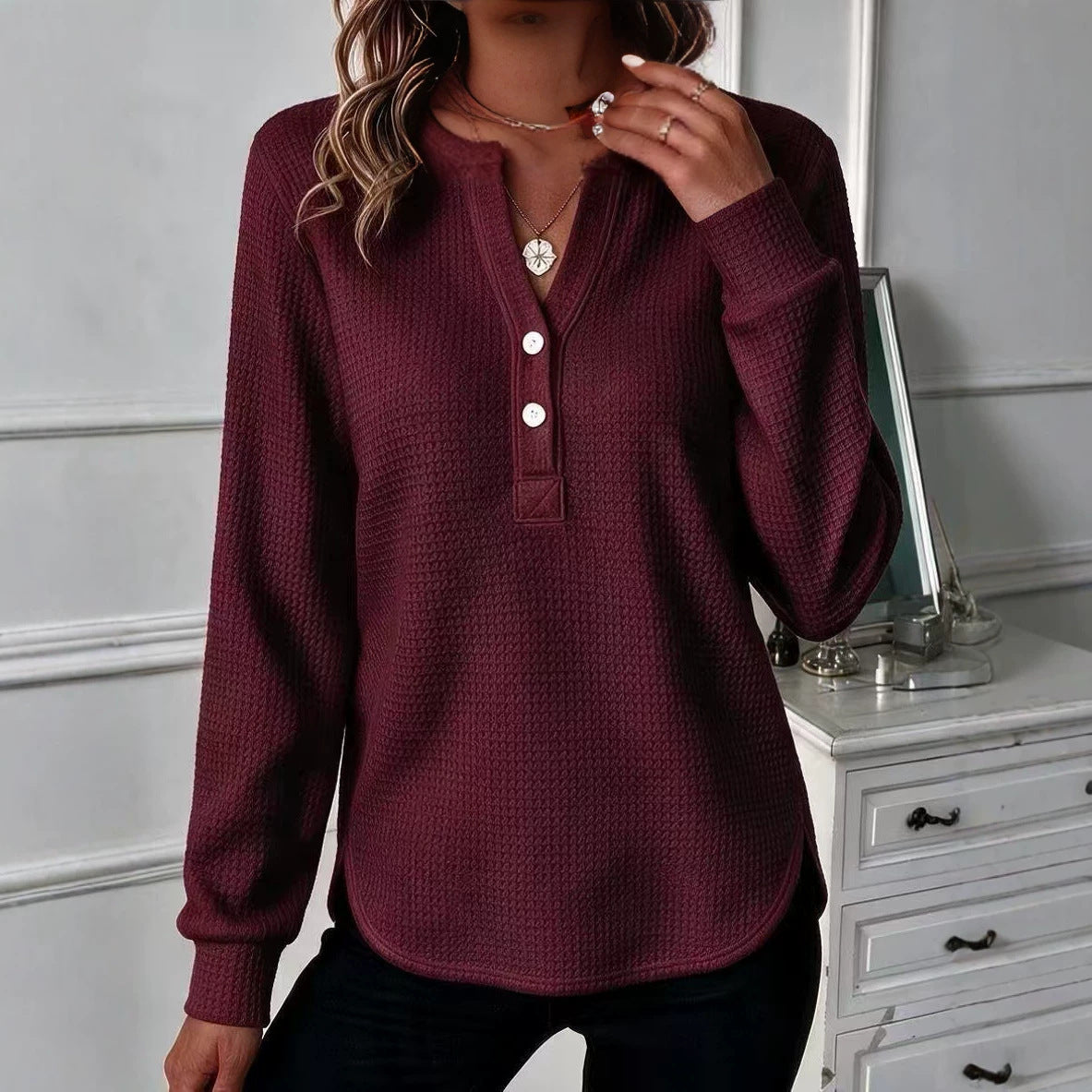 Women's Waffle Knit Henley Long Sleeve Curved Hem Top