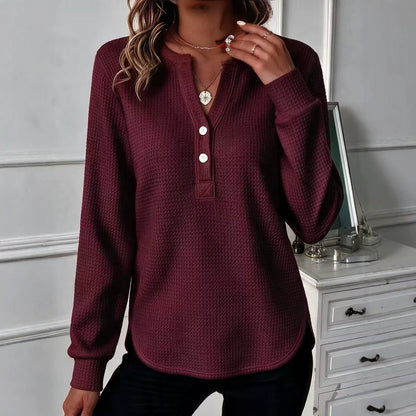 Women's Waffle Knit Henley Long Sleeve Curved Hem Top