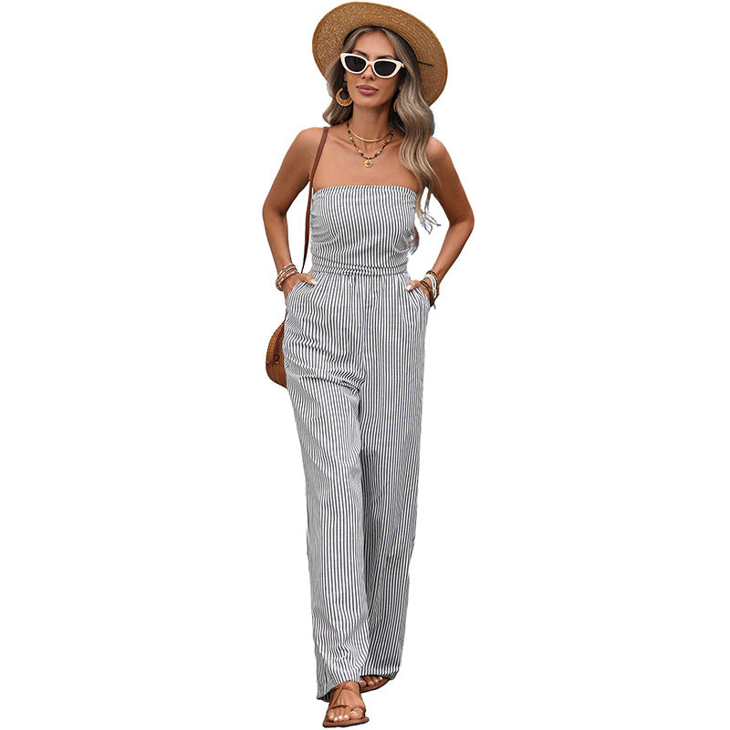 Striped Strapless Wide Leg Jumpsuit Resort Lounge Wear