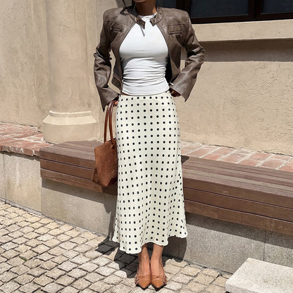Polka Dot Satin Midi Skirt Mermaid Hem A Line