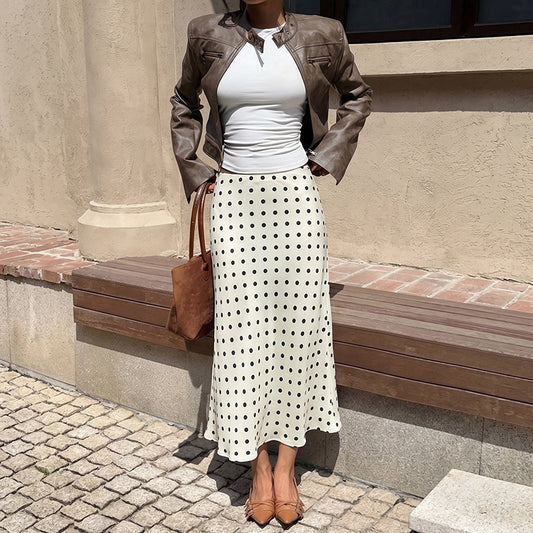 Polka Dot Satin Midi Skirt Mermaid Hem A Line