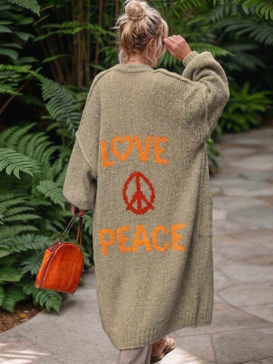 Oversized Open Front LOVE PEACE Maxi Knit Cardigan
