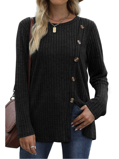 Women's Side Button Ribbed Long Sleeve Tunic Top