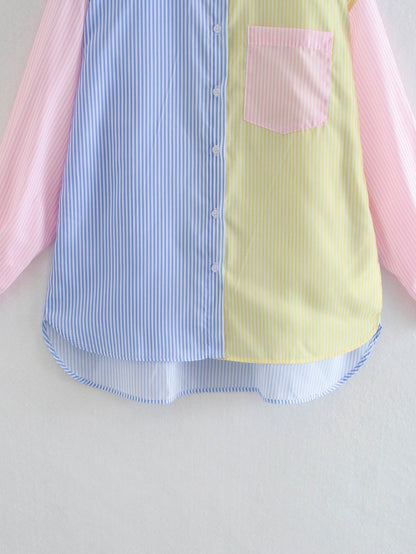 Women's Color Block Striped Oversized Button Down Shirt