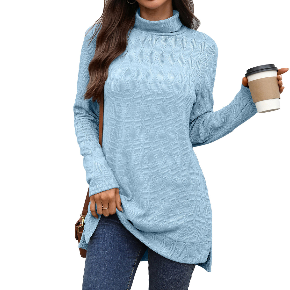 Women's Oversized Turtleneck Long Sleeve Tunic Side Slit