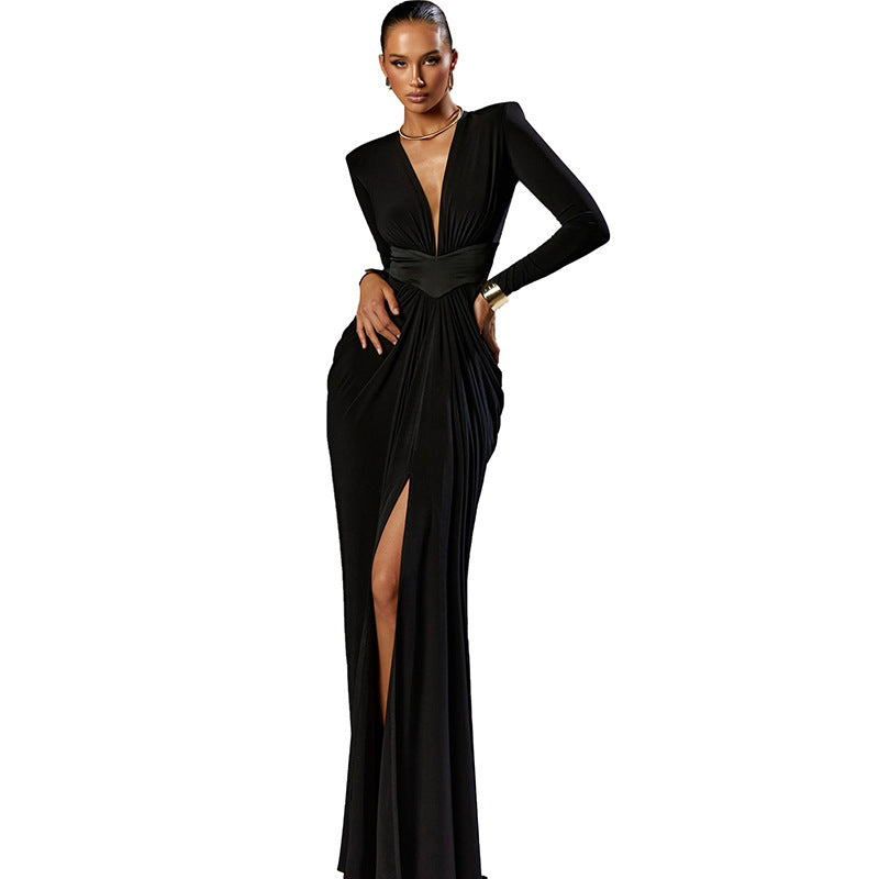 Black Sexy Deep V Long Sleeve High Slit Maxi Dress