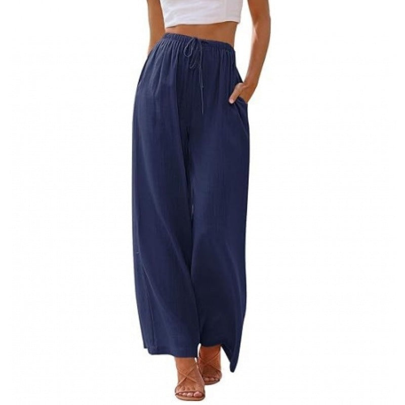 Women's Linen Wide Leg Pants Drawstring Elastic Waist