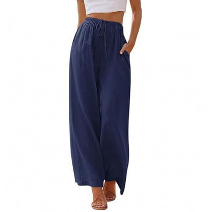 Women's Linen Wide Leg Pants Drawstring Elastic Waist