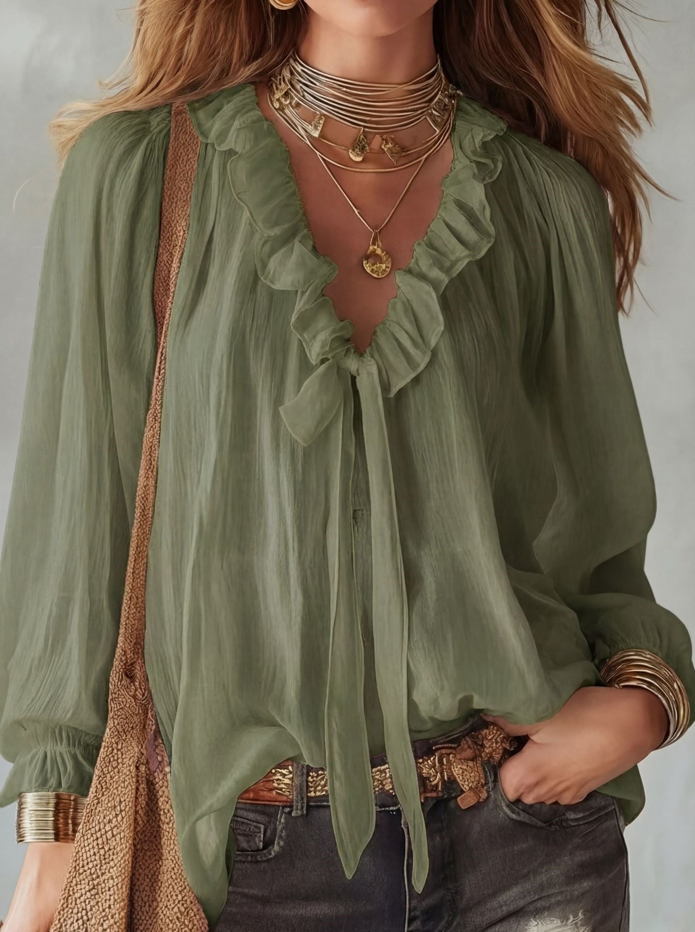 Women's Ruffle V Neck Tie Front Long Sleeve Blouse