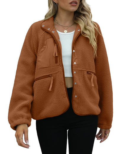 Women's Oversized Fleece Jacket Button Up Pockets