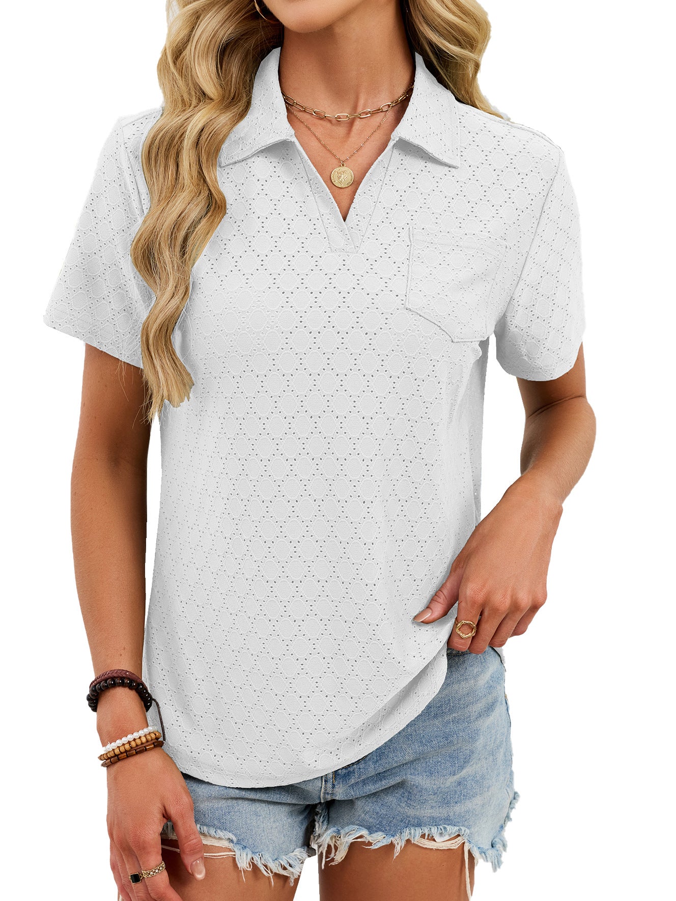 V Neck Polo Shirt Textured Knit Pocket Casual Top