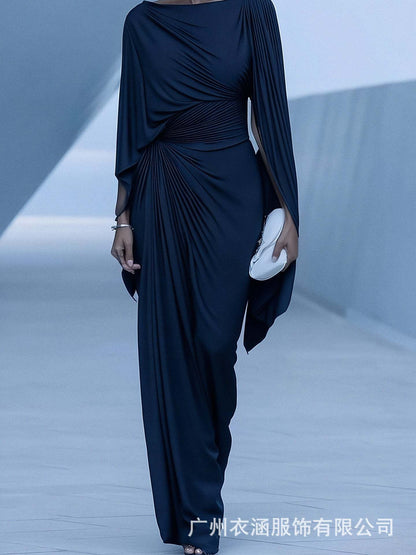 Women's Boat Neck Ruched Batwing Sleeve Maxi Dress