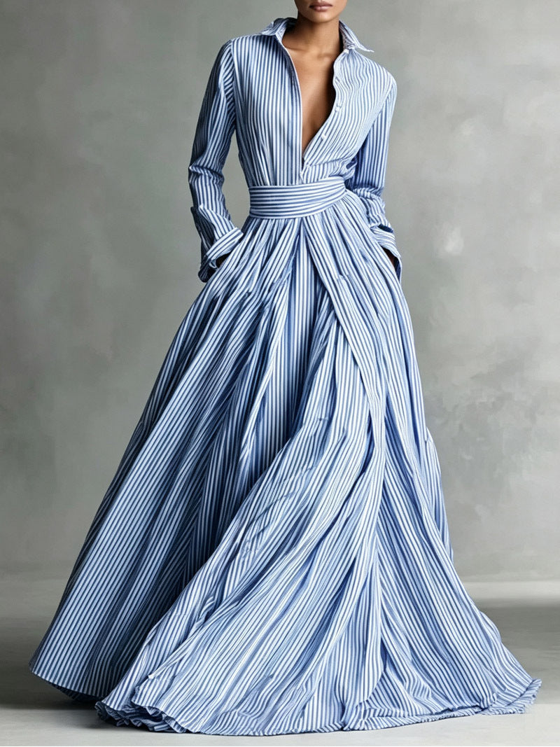 Striped Maxi Shirt Dress Long Sleeve Button Down High Waist