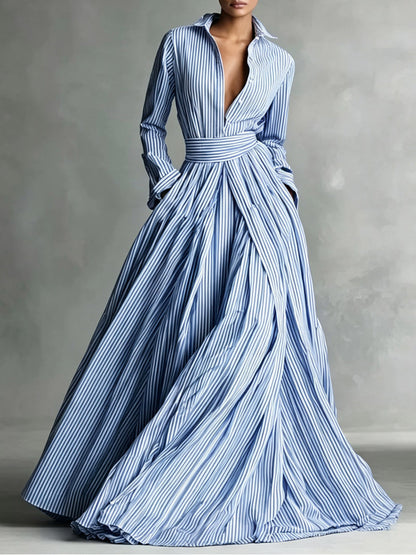 Striped Maxi Shirt Dress Long Sleeve Button Down High Waist