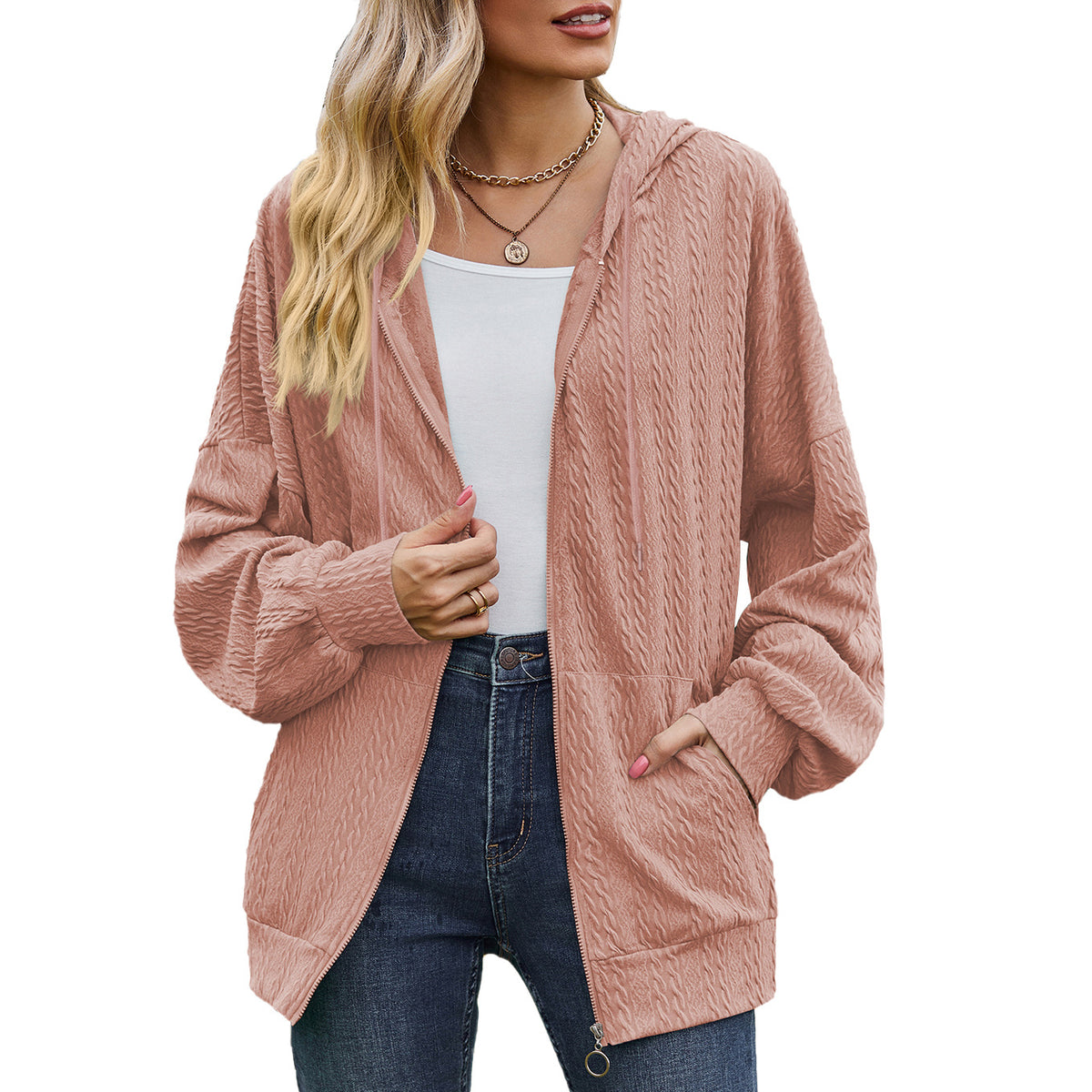 Oversized Textured Zip-Up Hoodie Jacket Pockets