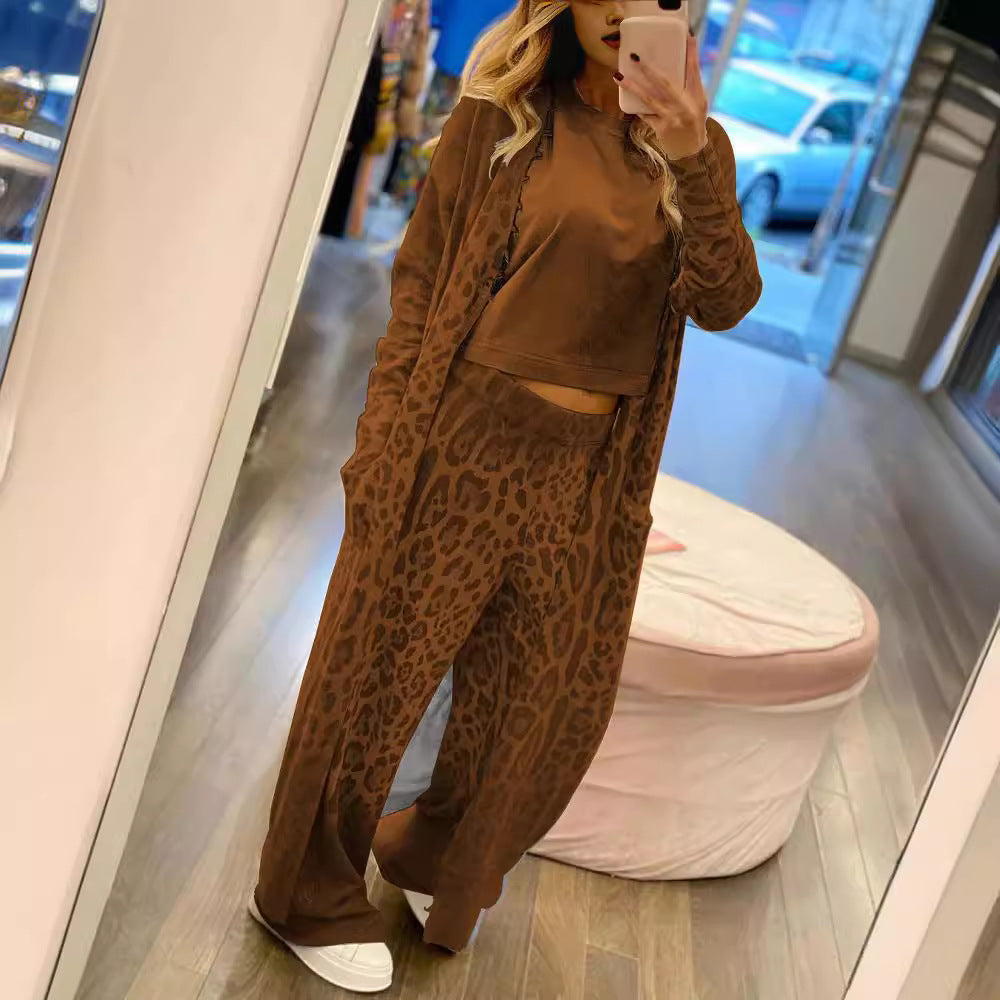 Leopard Print Cardigan Pants Two Piece Set