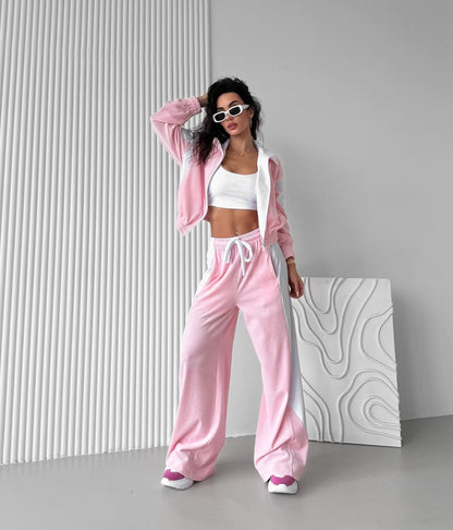 Velvet Tracksuit Color Block Zip Jacket Pants Set