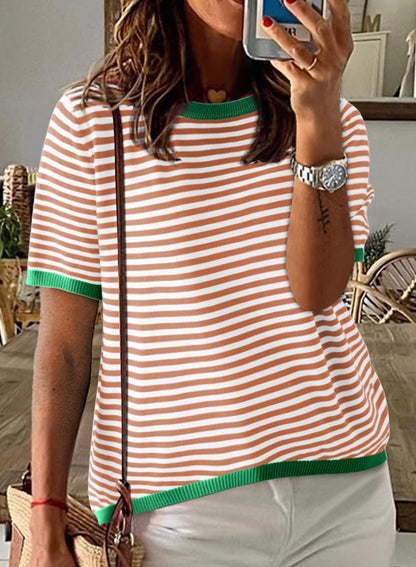 Red Stripe Contrast Trim Short Sleeve Knit Tee