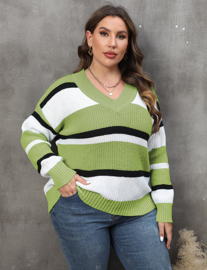 Women's Sweater V-neck Contrasting Color Splicing Loose Pullover Sweater