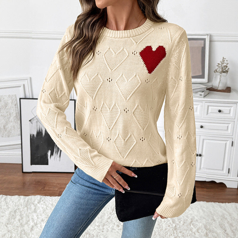 Valentine Heart Pointelle Crew Neck Knit Sweater