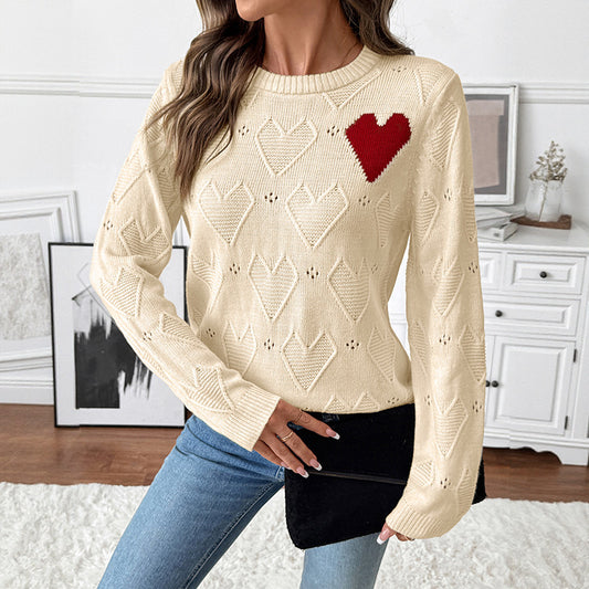 Valentine Heart Pointelle Crew Neck Knit Sweater