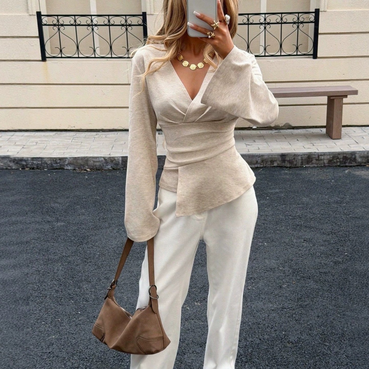 V Neck Flare Sleeve Slim Fit Y2K Long Sleeve Top